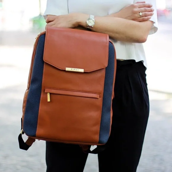 P.Mai Valletta Executive Backpack Cognac Navy Leather - Picture 2 of 12